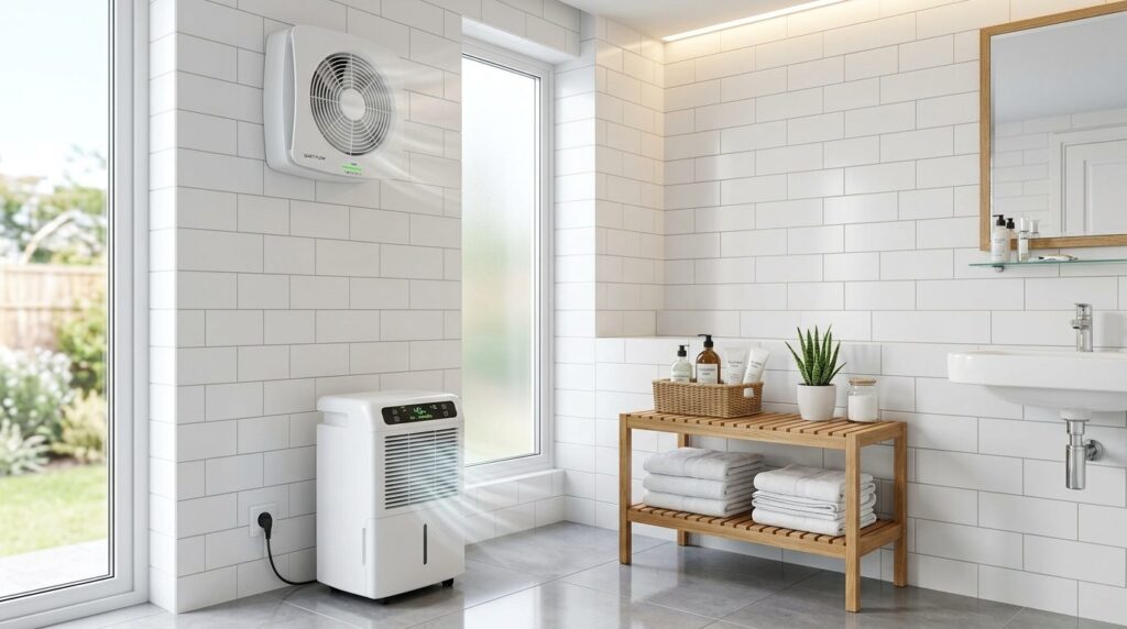 Clean, bright bathroom corner with modern moisture control s